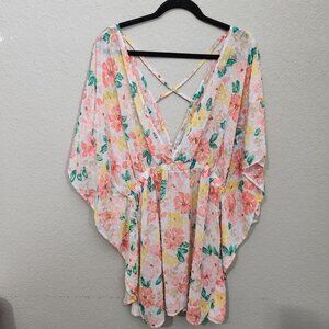 Time And Tru Kimono Cover-Up XL Floral Print Sheer Cross Back Fairy Beach